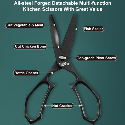 Premium Kitchen Shears Heavy Duty, Kitchen Scissors Stainless Steel, Sharp Poultry Shears, Food Scissors for Vegetable, Chicken, Meat, Fish, Detachable Scissors All Purpose with Black Titanium Plated