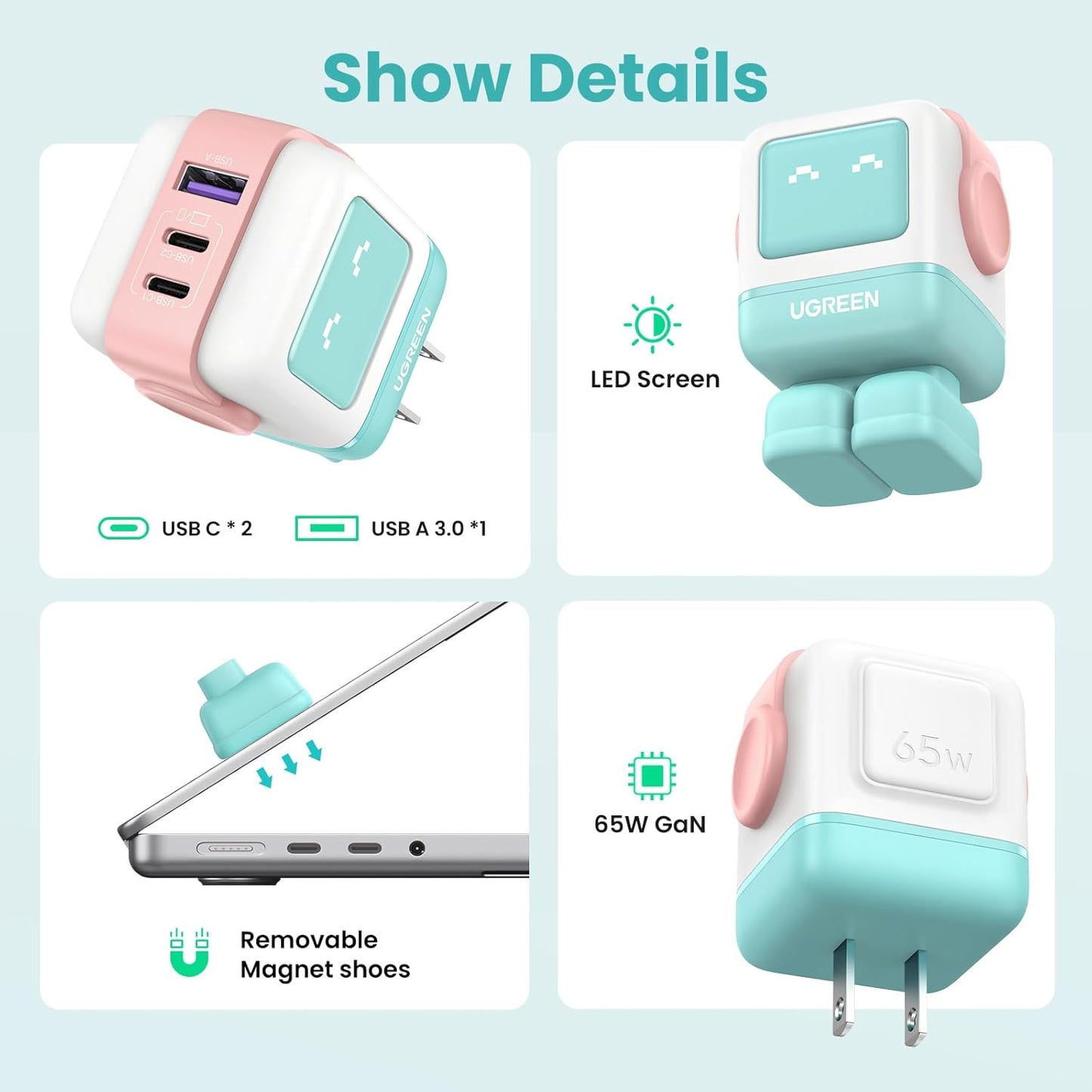 UGREEN Uno 65W USB C Charger, Nexode Robot GaN Fast Charger Block 3-Port, Compact Wall Charger Power Adapter for MacBook Pro/Air, iPhone 15 14 Pro, Galaxy S23 Ultra, Pixel 8, iPad, Steam Deck, Blue