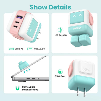 UGREEN Uno 65W USB C Charger, Nexode Robot GaN Fast Charger Block 3-Port, Compact Wall Charger Power Adapter for MacBook Pro/Air, iPhone 15 14 Pro, Galaxy S23 Ultra, Pixel 8, iPad, Steam Deck, Blue