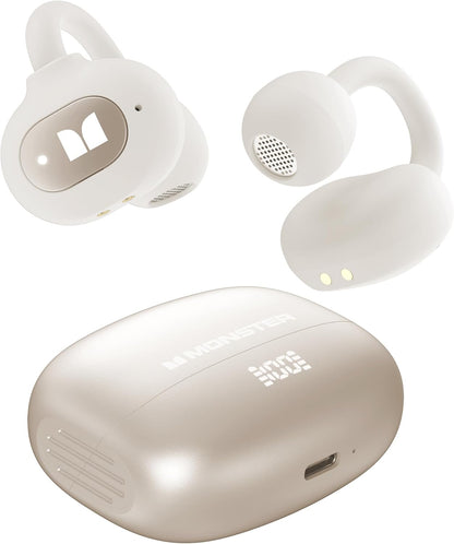 Monster Open Ear AC339 Headphones, Bluetooth 6.0 Earphones Stereo Sound, Open Ear Clip Wireless Earbuds 40 Hours Playback, with Smart Digital Display Design, Touch Control, IPX6 Waterproof,Beige