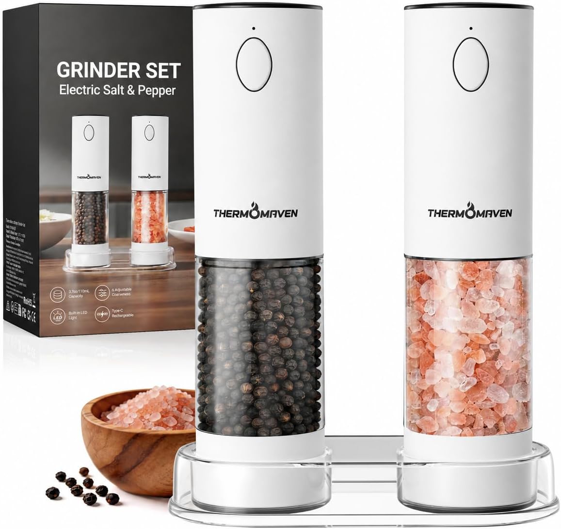 ThermoMaven Electric Salt and Pepper Grinder Set, 110ml Larger Rechargeable Automatic Salt and Pepper Mill Grinder with 6 Adjustable Coarseness, Electric Salt and Pepper Shakers, LED, 2 Packs, Silver