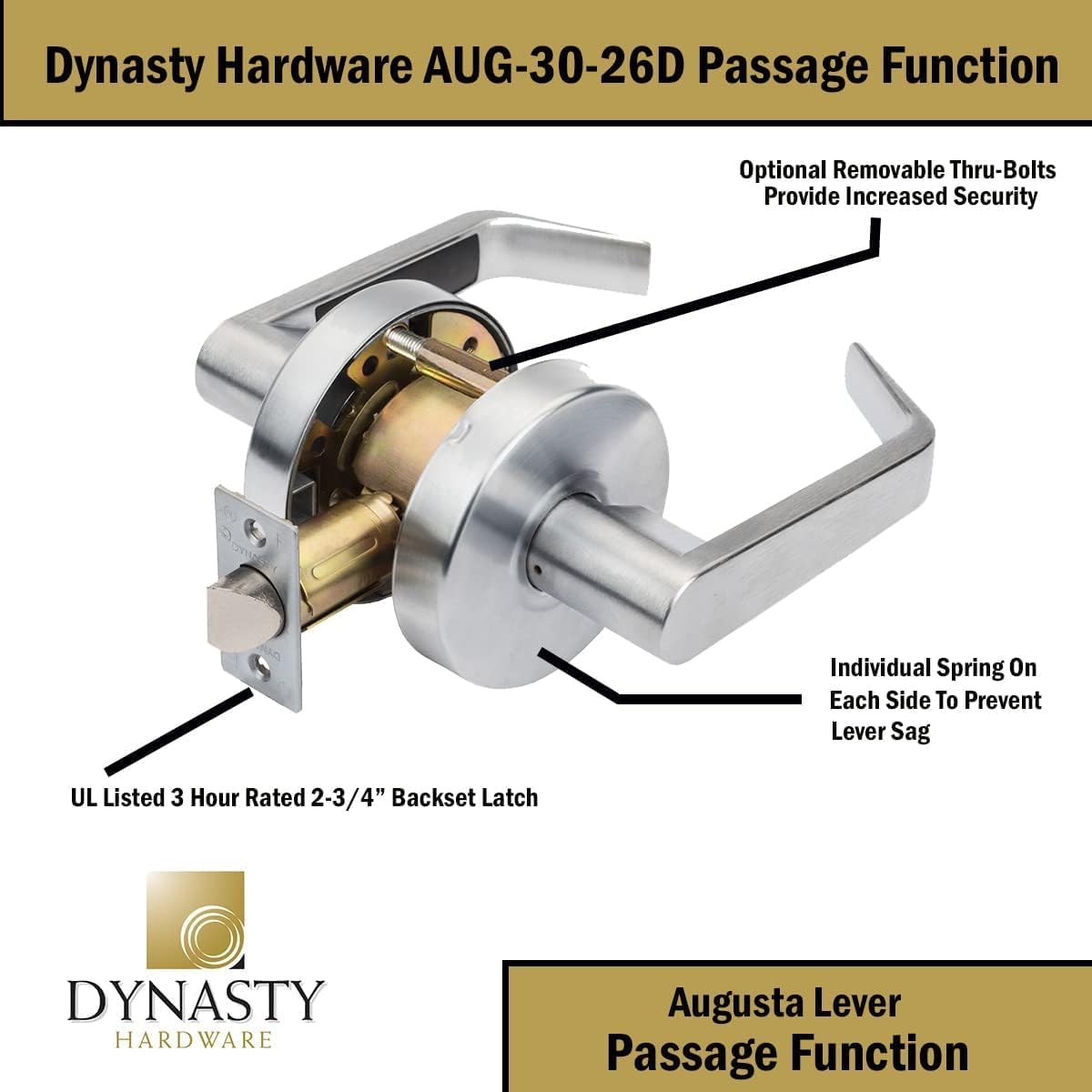 Dynasty Hardware AUG-00-26D Grade 2 Commercial Duty Office Door Keyed Lever Lockset, ADA, Satin Chrome Finish