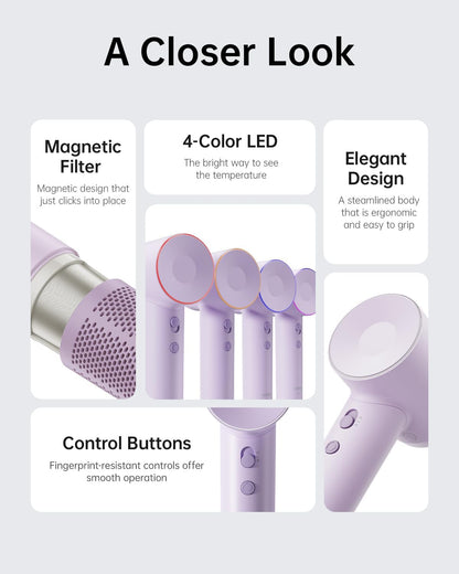Laifen Hair Dryer SE, Blow Dryer with Diffuser & Nozzle for Curly Hair, 200M Ionic Hair Dryer with 105,000 RPM Low Noise Brushless Motor for High-Speed Drying, for Travel & Home 2024 Upgraded (Purple)
