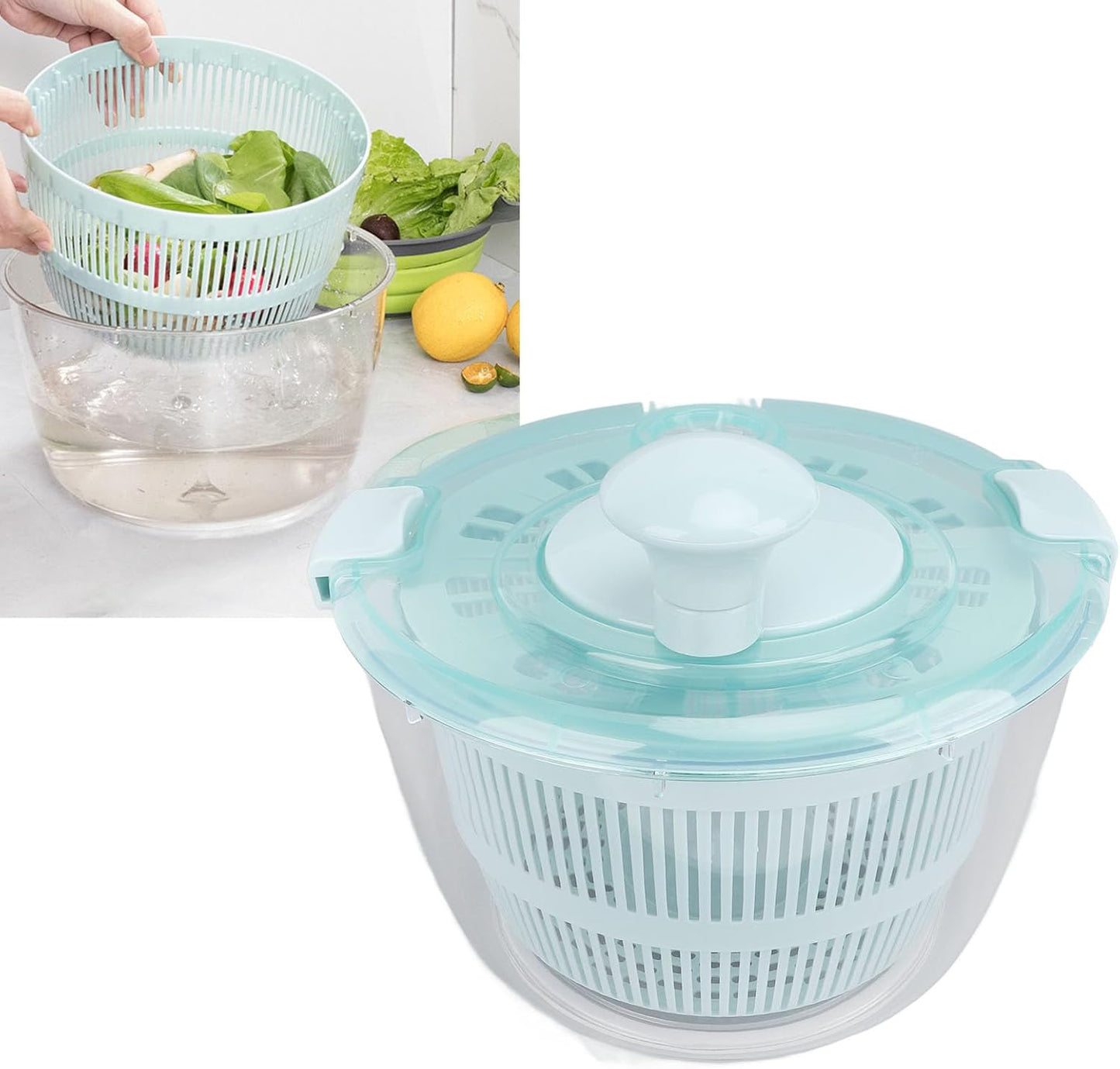 GOWENIC Salad Spinner, Fruit and Vegetable Washer, Fruits and Lettuce Dryer, Lettuce Spinner with Bowl, Fast One Handed Manual Salad Washer Spinner for Vegetable Fruit Lettucefruit