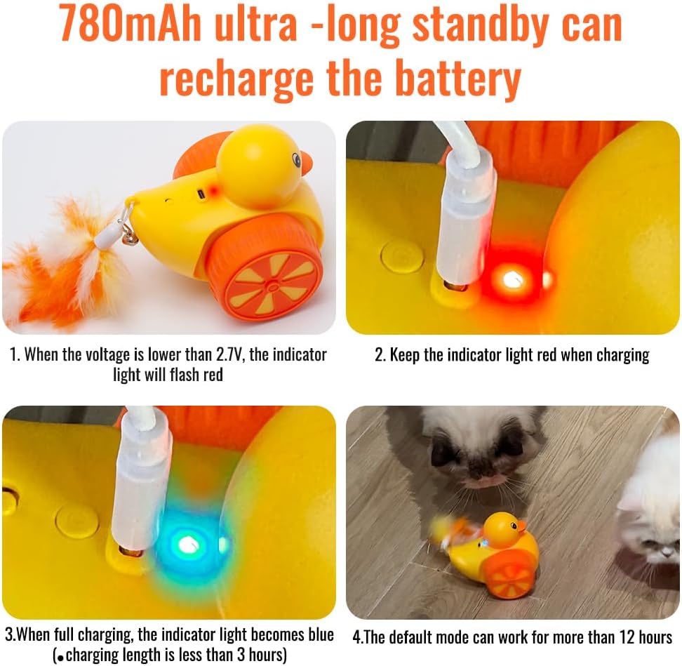 Interactive Cat Toys for Indoor Cats, Automatic Moving Cat Toy with Laser, Rechargeable Random Movement Duck Cat Toy for Bored Cats/Kittens/Dogs, with 4 Replaceable Tails (Worm, Feather, Fish)