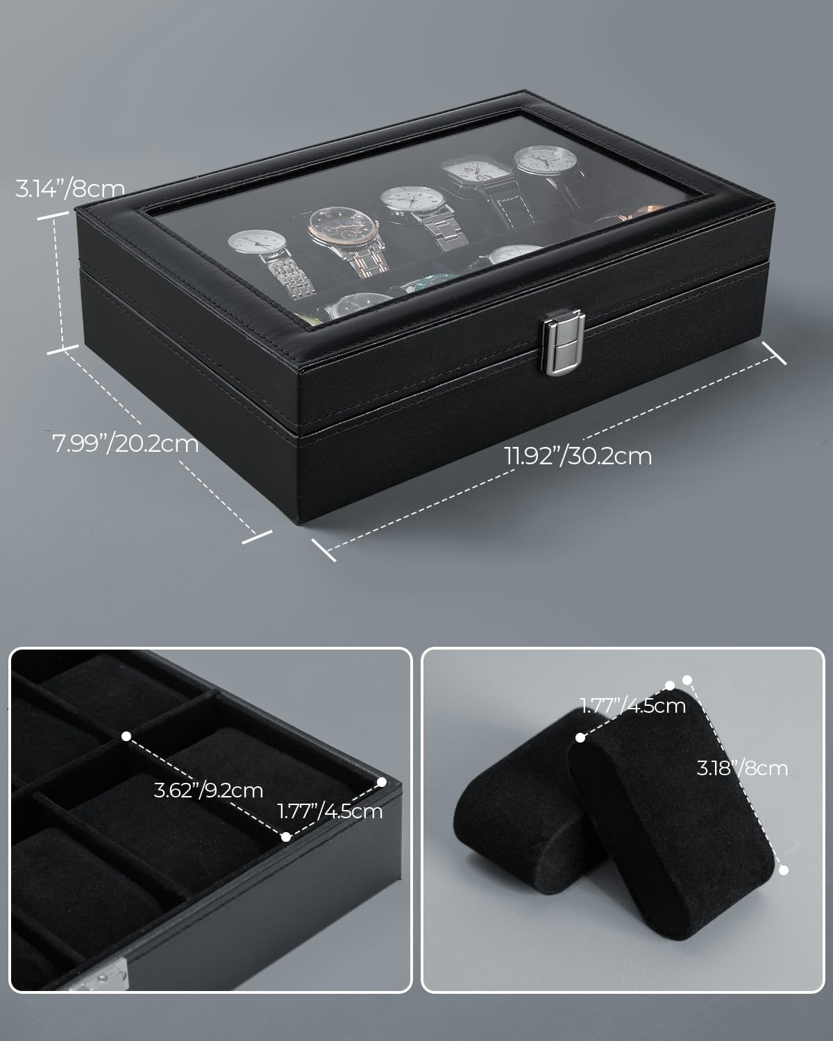 Ohuhu Watch Box Organizer for Men -12 Slot Leather Watch Case with Real Glass Lid Watch Display Case, Watch Organizer Jewelry Storage Box