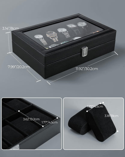 Ohuhu Watch Box Organizer for Men -12 Slot Leather Watch Case with Real Glass Lid Watch Display Case, Watch Organizer Jewelry Storage Box