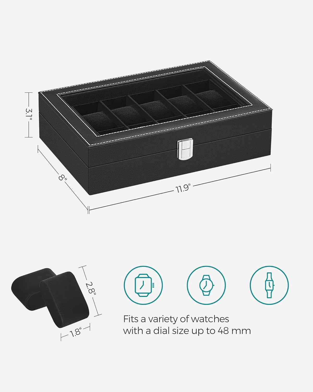 SONGMICS Watch Box, 6-Slot Watch Case, Watch Box Organizer, Black Synthetic Leather, Greenish Gray Lining UJWB06BK