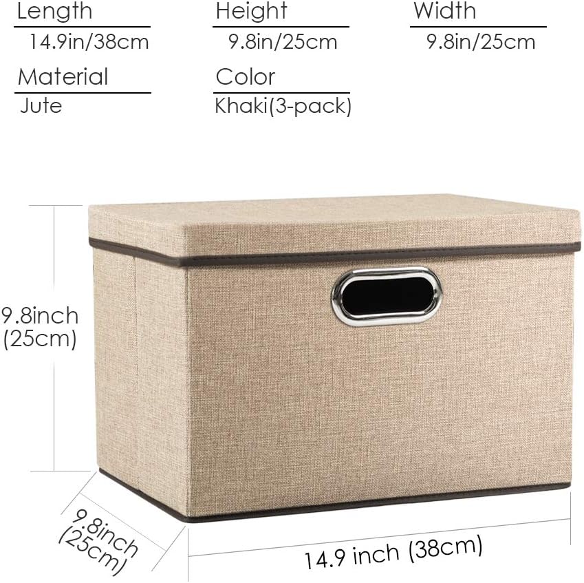 PRANDOM Large Foldable Storage Bin with Lid [1-Pack] Linen Fabric Decorative Storage Box Organizer Containers Basket Cube with Handles Divider for Bedroom Closet Office Living Room (17.7x11.8x11.8")