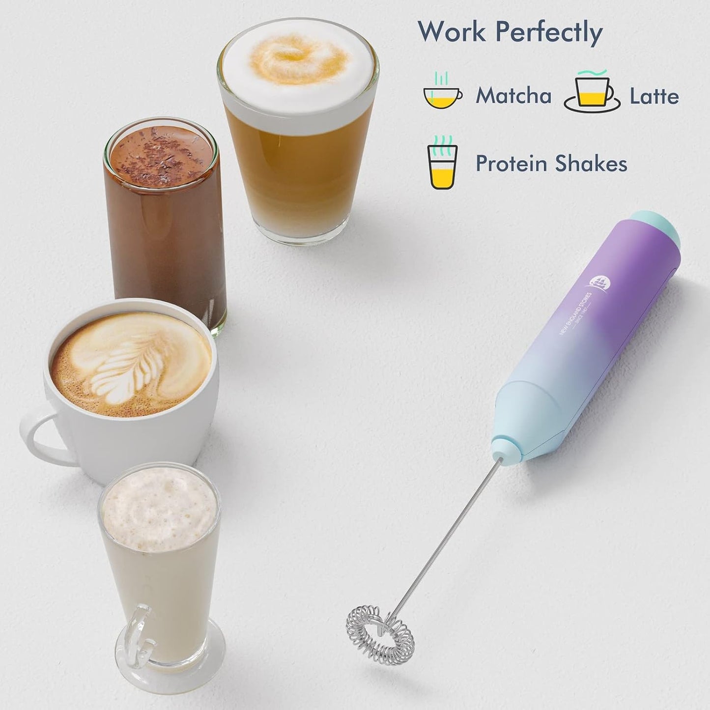 Powerful Milk Frother Handheld Foam Maker, Mini Whisk Drink Mixer for Coffee, Cappuccino, Latte, Matcha, Hot Chocolate, With Stand, Light Purple