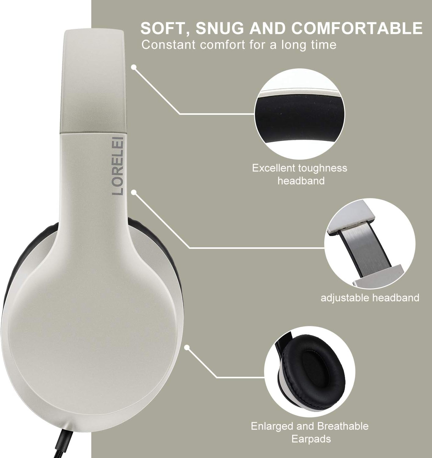 LORELEI X6 Over-Ear Wired Stereo Bass Headphones with Microphone, Lightweight, Foldable & Portable with 1.45M No-Tangle for Smartphone, Tablet, MP3/4, Space Black