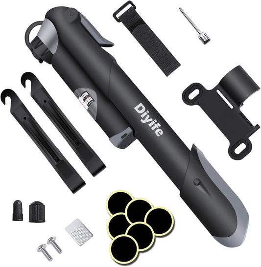 Bike Pump, [120 PSI][17in1] Diyife Bicycle Pump with Gauge, Mini Bike Frame Pump, Portable Bike Tire Pump with Needle, Patch Kit, Valve Cap, Mounting Bracket for Road Mountain Bike Fit Presta Schrader