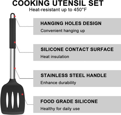Silicone Cooking Utensils Set | Heat Resistant Kitchen Tools | Non Stick Cookware Utensils | Stainless Steel Handle Utensils | 7 Piece Cooking Set - PuriLite