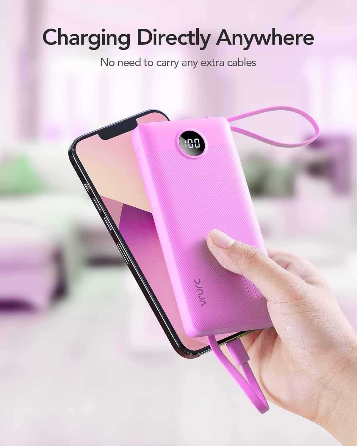 VRURC 10000mAh Power Bank Built-in Cables, Portable Charger with LED Display, Slim Intelligent Travel Battery Pack with Cords, 5 Output Dual Input Phone Charger for Cell Phone Smart Devcies-Blue
