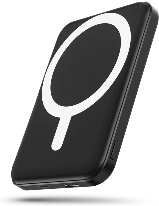 Podoru Mag-Safe Power Bank, Mini 5000mAh Magnetic Battery Pack Power Bank with USB-C Cable 20W Fast Charging Ultra Slim for MagSafe Charger Portable for iPhone 17/16/15/14/13/12/ All Series-Black