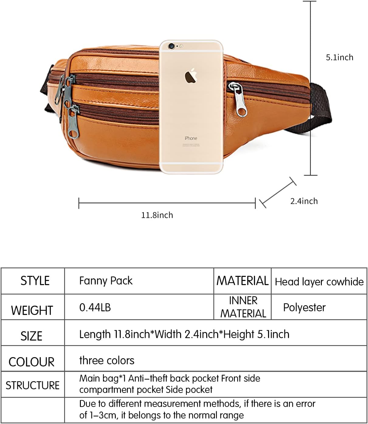 iSunTop Genuine Leather Fanny Pack Waist Bag Waterproof Hip Belt Bag Organizer with Adjustable Belt Multiple Pockets Waist Pack for Sport Travel Hiking(Khaki)