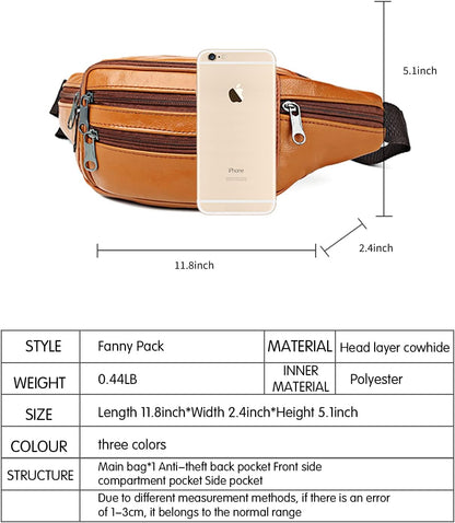 iSunTop Genuine Leather Fanny Pack Waist Bag Waterproof Hip Belt Bag Organizer with Adjustable Belt Multiple Pockets Waist Pack for Sport Travel Hiking(Khaki)