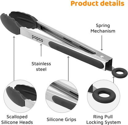 The Original Popco Tongs for Cooking - Set of 3 (7, 9, 12 inches) - Heavy Duty, 304 Stainless Steel BBQ and Kitchen Tongs with Silicone Tips (3 Colors Available)