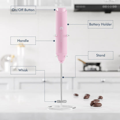Powerful Milk Frother Handheld Foam Maker, Mini Whisk Drink Mixer for Coffee, Cappuccino, Latte, Matcha, Hot Chocolate, With Stand, Light Purple