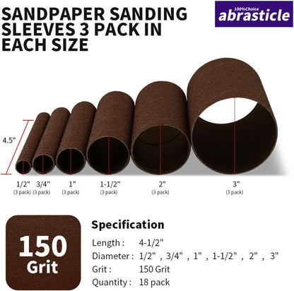 18 Pack Spindle Sander Sleeves, Sanding Sleeves for Oscillating Sander, 80 150 240 Assorted Grit Sandpaper, 4-1/2" Length, 1/2",3/4",1",1-1/2", 2", 3" Diameter