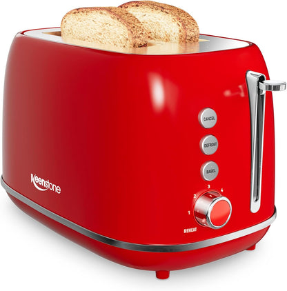 Toaster 2 Slice Stainless Steel Toaster Retro with 6 Bread Shade Settings, Bagel, Cancel, Defrost Function, 2 Slice Toaster with Extra Wide Slot, Removable Crumb Tray, Red