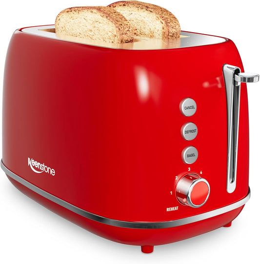 Toaster 2 Slice Stainless Steel Toaster Retro with 6 Bread Shade Settings, Bagel, Cancel, Defrost Function, 2 Slice Toaster with Extra Wide Slot, Removable Crumb Tray, Red
