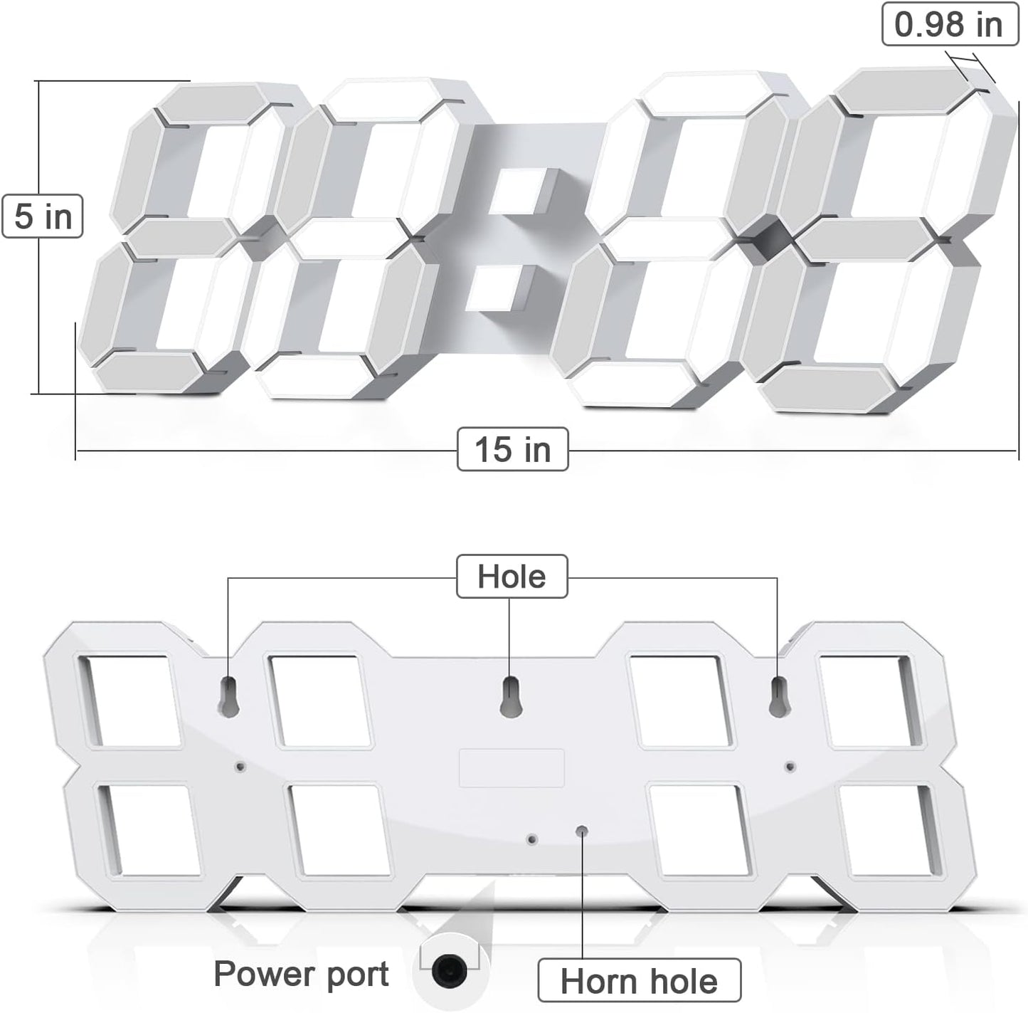 Deeyaple 3D LED Digital Wall Clock Modern Alarm Clock Adjust Brightness 12/24 Time Date Temperature Silent Snooze USB Night Light Remote Control Kitchen Bedroom Living Room Small 9.7 inch White