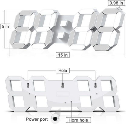 Deeyaple 3D LED Digital Wall Clock Modern Alarm Clock Adjust Brightness 12/24 Time Date Temperature Silent Snooze USB Night Light Remote Control Kitchen Bedroom Living Room Small 9.7 inch White