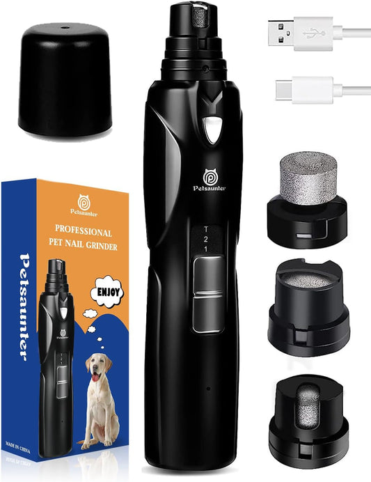 Petsaunter Dog Nail Grinder, 2-Speed and LED Light, Powerful Touch-Switch, TypeC, Quiet and Low-Vibration Dog Nail Trimmers, and 3 Ports for Large, Medium, Small Dogs Cats Pets with Hard or Thick Nail