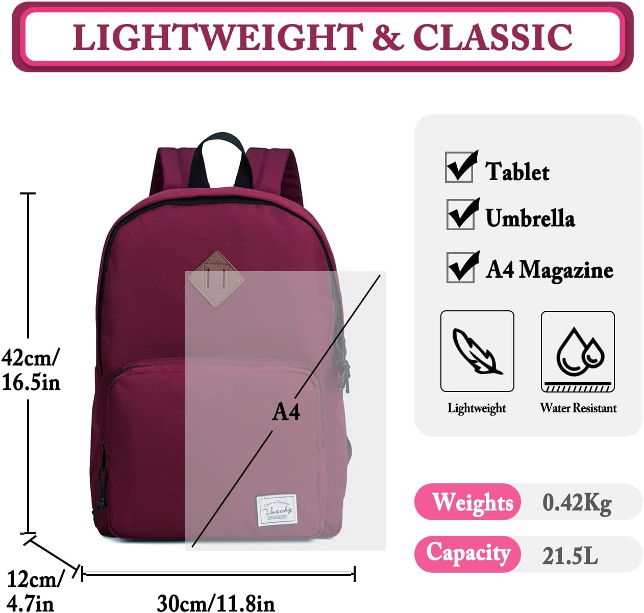 VASCHY Lightweight School Backpack for Women with Sleeve for 14" Laptop