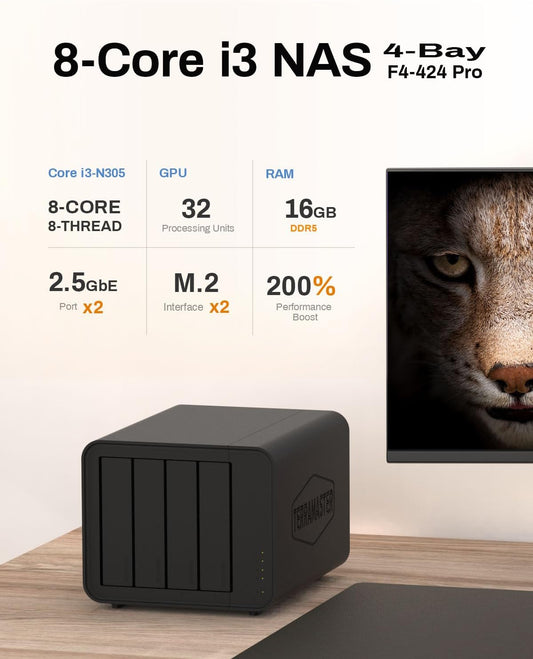TERRAMASTER F4-424 Pro NAS Storage - 4Bay Core i3-N305 8-Core 8-Thread CPU, 16GB DDR5 RAM, 2.5GbE Port x 2, Network Attached Storage Peak Performance for Business (Diskless) - PuriLite