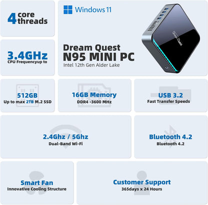 DreamQuest Mini PC Preinstalled Windows 11 Pro,Intel Alder Lake 2025 New N150 (up to 3.6GHz) 16GB DDR4+1TB M.2 SSD,Mini Desktop Computer 4K HD HDMI/WiFi5/BT5.0/USB3.2/Gigabit Port for Home Office