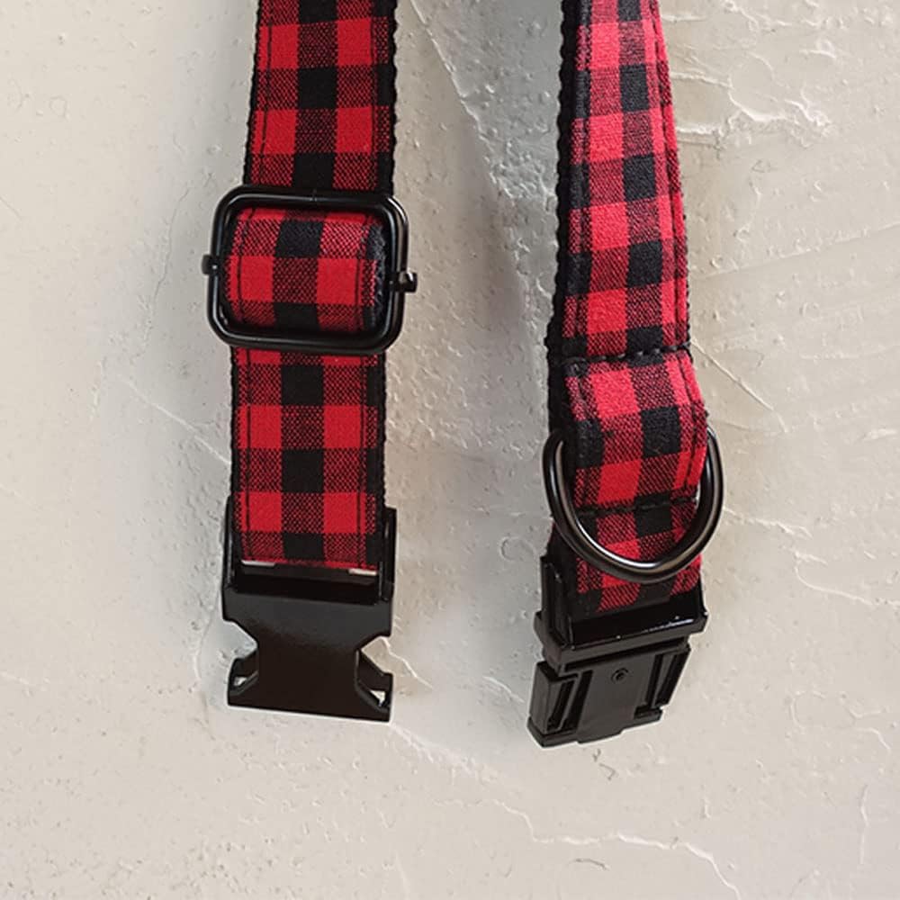PETDURO Personalized Buffalo Plaid Dog Collar Red Black - Engraved Name and Phone Number on Black Metal Buckle - Custom for Small Medium Large Boy Girl Dogs - Add Leash Bow Tie via Customize Now