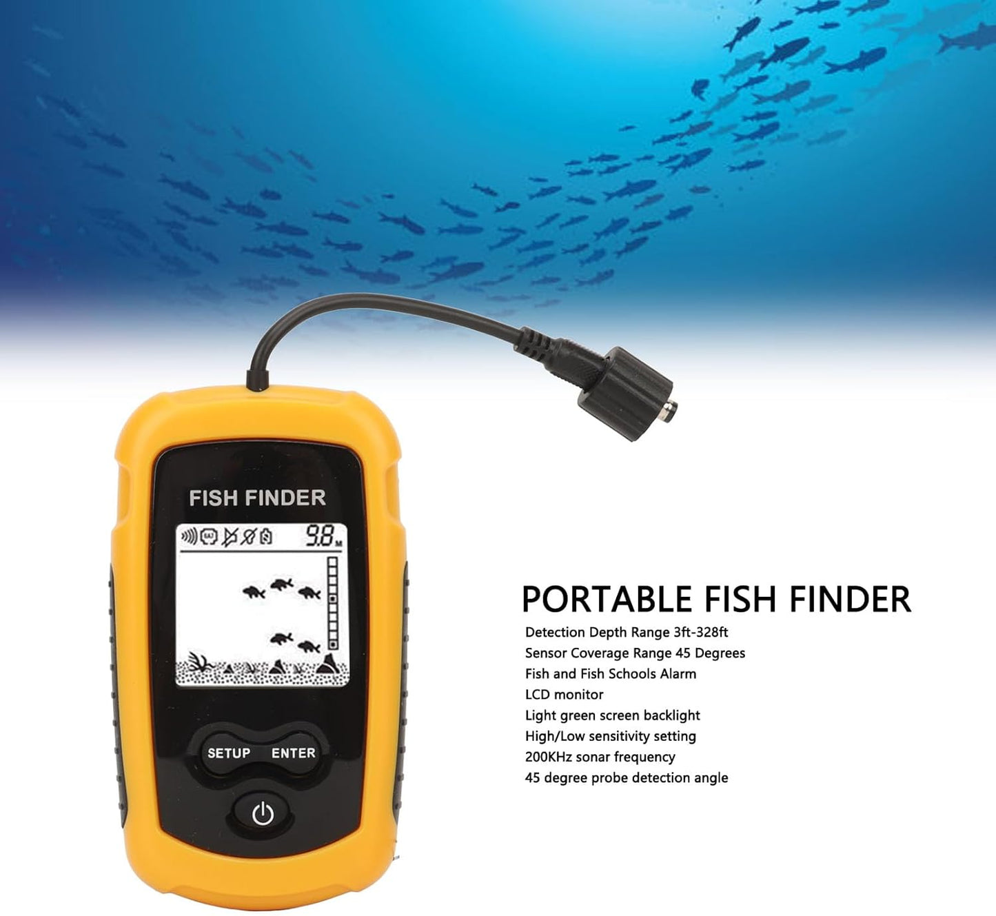 Portable Fish Depth Finder Sensitive Electronic Fishing Alarms Indicator LCD Display Handheld Fish Finder 200khz Sonar Frequency Castable Kayak Boat Fishfinder