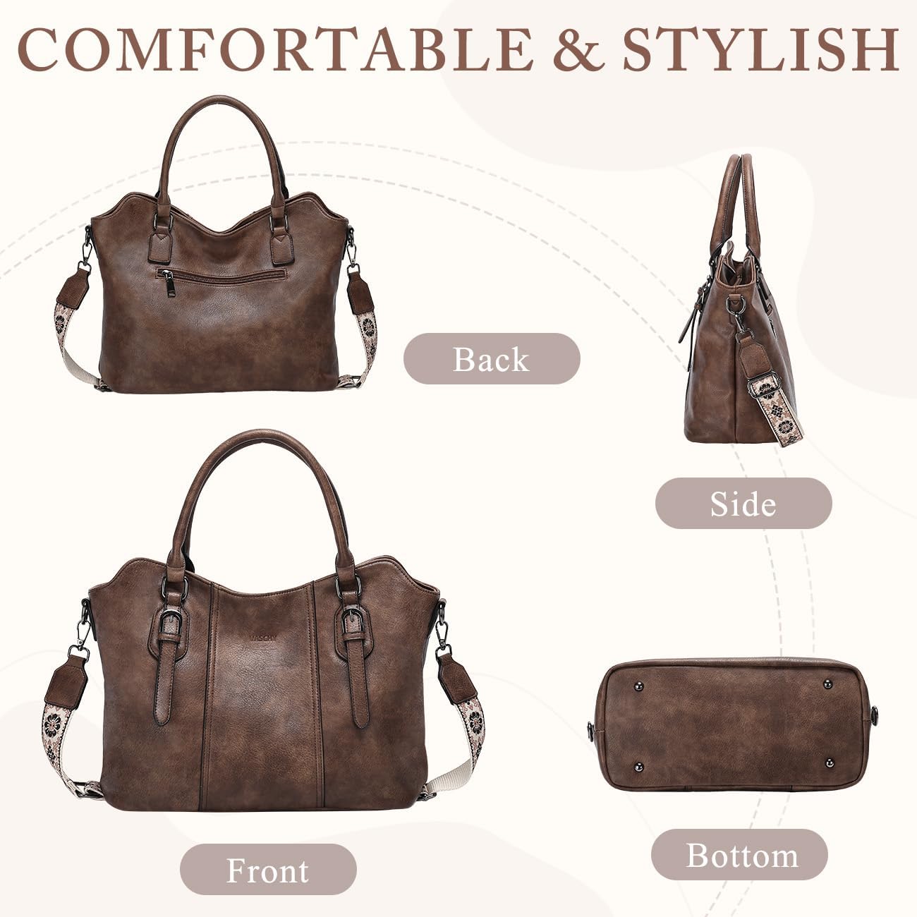 Hobo Bags for Women,VASCHY Vegan Leather Handbag Purse Top Handle Satchel Boho Shoulder Bag with Crossbody Guitar Strap