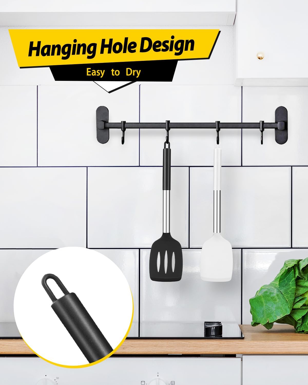 Pack of 2 Silicone Slotted Spatula,Non Stick Solid Kitchen Turner, High Heat Resistant BPA Free Cooking Utensils for Fish, Eggs, Pancakes（Black