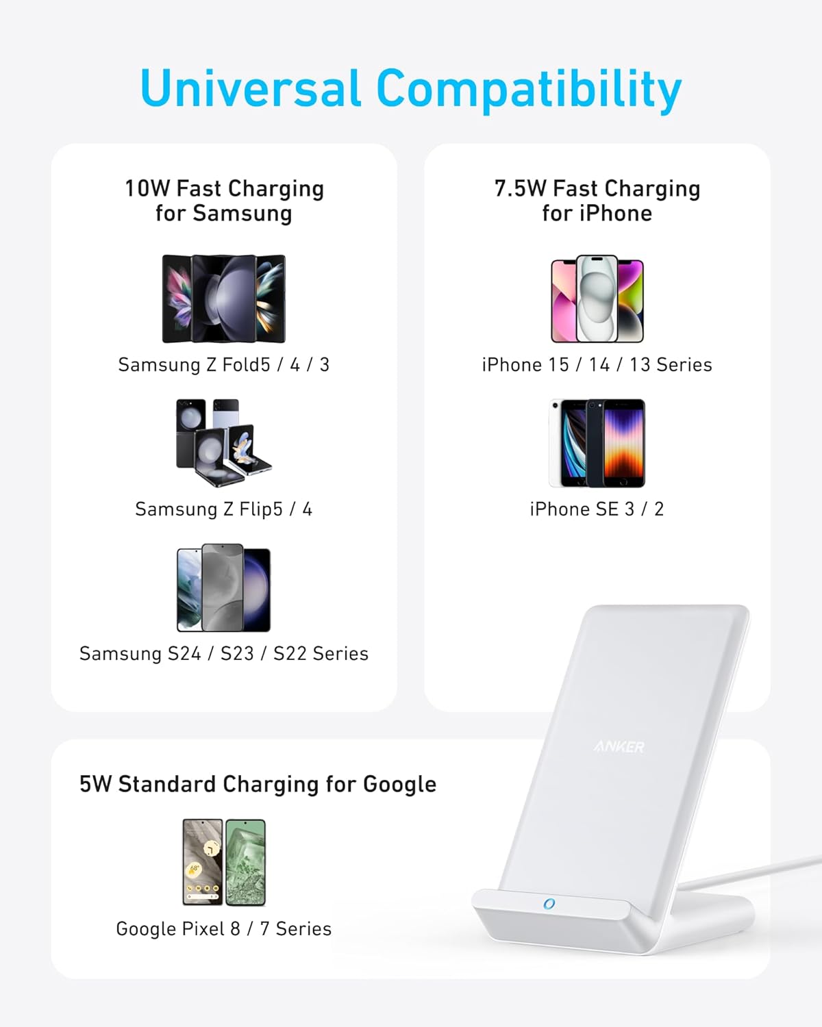 Anker 313 Wireless Charger (Stand), Qi-Certified for iPhone 14/14 Pro/14 Pro Max/13/13 Pro Max, 10W Fast-Charging Galaxy S20, S10 (No AC Adapter)