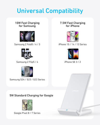 Anker 313 Wireless Charger (Stand), Qi-Certified for iPhone 14/14 Pro/14 Pro Max/13/13 Pro Max, 10W Fast-Charging Galaxy S20, S10 (No AC Adapter)