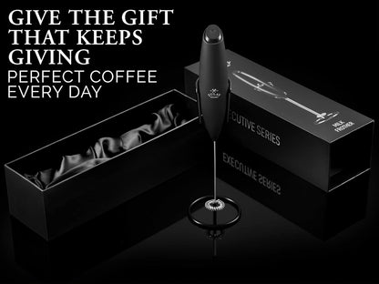 Zulay Milk Frother Complete Set Coffee Gift, Handheld Foam Maker for Lattes - Whisk Drink Mixer for Coffee, Mini Blender for Cappuccino, Frappe - Includes Frother, Stencils & Frothing Cup (Black)