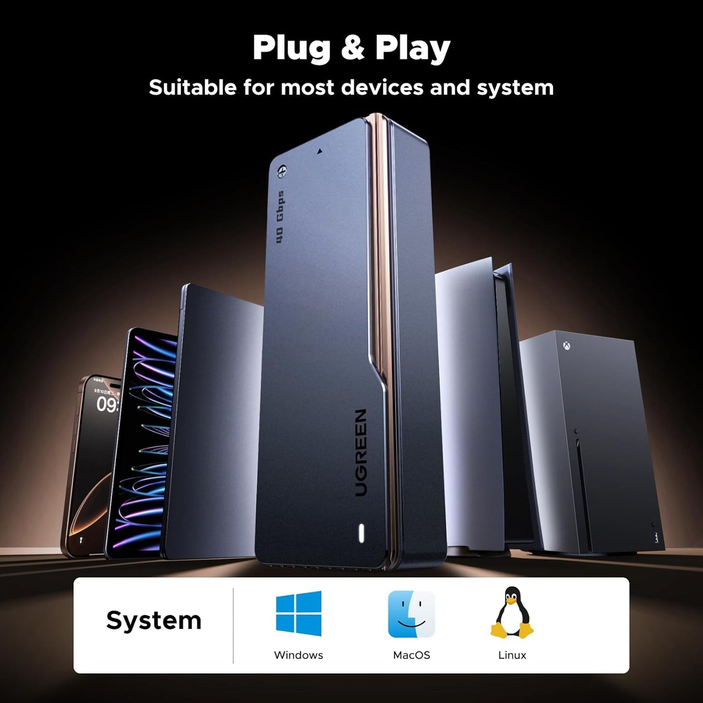 UGREEN 40Gbps M.2 NVMe SSD Enclosure with Fast Cooling Fan, NVMe Hard Drive Case Compatible with Thunderbolt 5 4 3, USB4 3.2 3.1 2.0, Support 8TB SSD 2280 B+M M-Key, 30cm USB C to C Cable Include