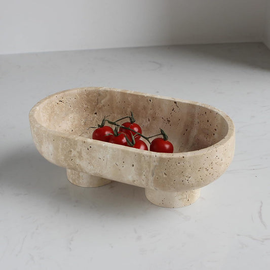 Oval Travertine Fruit Bowl | Decorative Stone Bowl | Kitchen Counter Fruit Holder | Pedestal Centerpiece Bowl | Home Décor Storage Bowl - PuriLite
