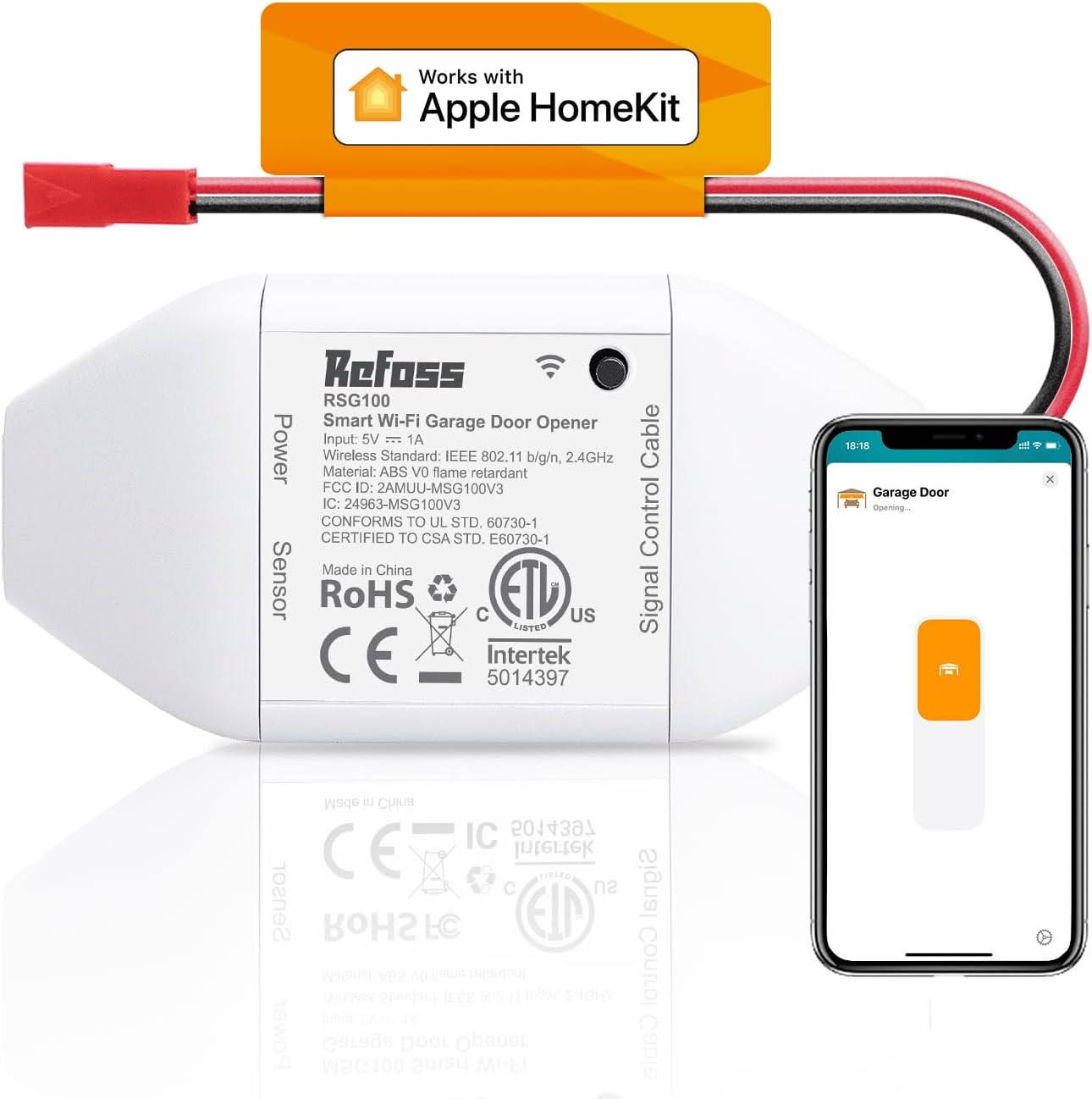 Refoss Smart Wi-Fi Garage Door Opener, Compatible with Apple HomeKit, Siri, Alexa & Google Assistant, Carplay, App Remote Control, Support 2.4GHz WiFi Only