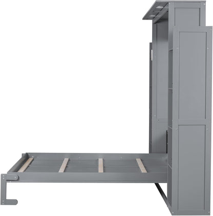 Merax Queen Size Murphy Bed with 2 Five-Layer Cabinet, Wall Bed with Shelves and Lights, Foldable Platform Bed Folded into Cabinet for Guest Room, Home and Office (Gray)