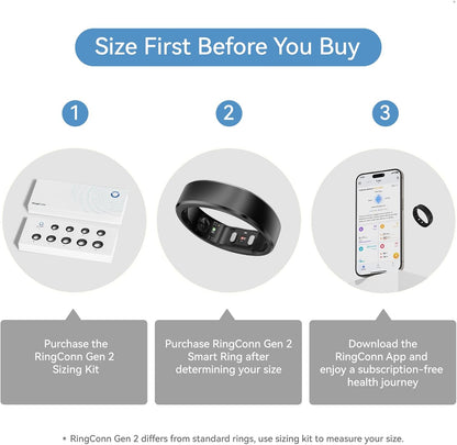 RingConn Gen 2 Smart Ring, No App Subscription, Size First with Sizing Kit, 12-Day Battery Life, Stress/Women's Health Tracker, Compatible with Android & iOS (Black, Size 8)