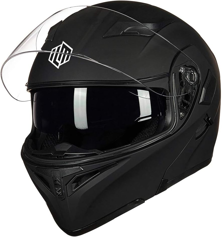 ILM Motorcycle Dual Visor Flip up Modular Full Face Helmet DOT with 7 Colors (L, Matte Black)