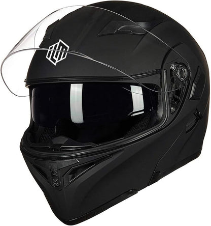 ILM Motorcycle Dual Visor Flip up Modular Full Face Helmet DOT with 7 Colors (L, Matte Black)