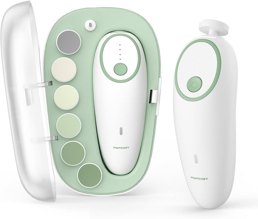 Momcozy Baby Nail File Electric, Gentle Baby Nail Trimmer Electric, Baby Nail Clipper with Night Light, 7 Grinding Head Replacement Pads, Green
