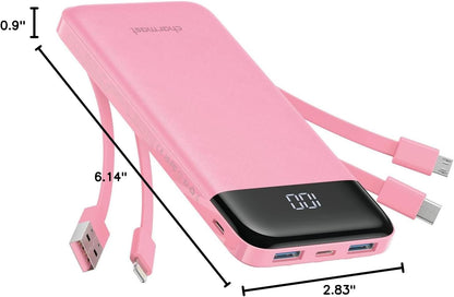 Charmast Portable Charger with Built in Cables, Power Bank with Cords Wires, Slim 10000mAh Travel Battery Pack 6 Outputs 3 Inputs 3A Fast Charging for Samsung Google Pixel LG Moto iPhone iPad