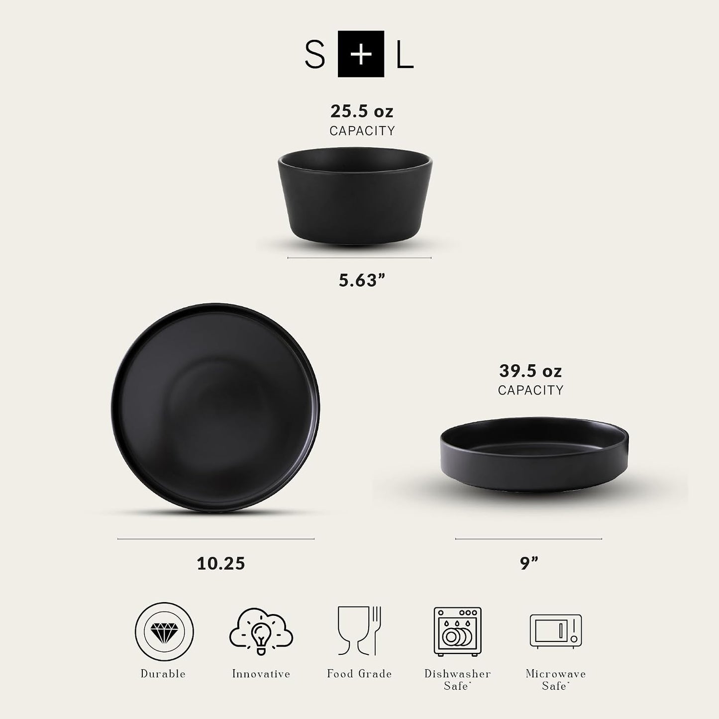 Stone Lain Celina Stoneware 12-Piece Dinnerware Set, Cereal and Pasta Bowls, Black