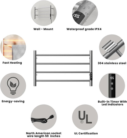 POPFLY Heated Towel Rack, Wall Mounted Electric Hot Towel Warmer, 4-Bar 304 Stainless Steel Small Heated Towel Warmer Rack for Bathroom with Timer and Temperature Control, Brushed